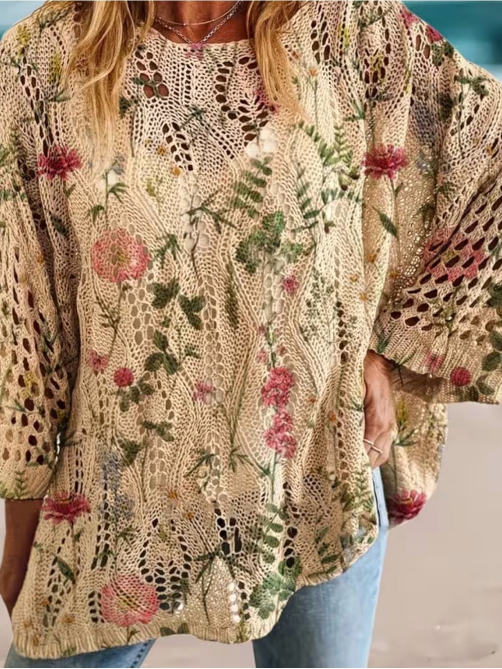 Boho Floral Crochet Knit Oversized Sweater - Cream - Picture 2 of 5